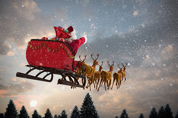 Santa Claus riding on sleigh with gift box against snow falling on fir tree forest