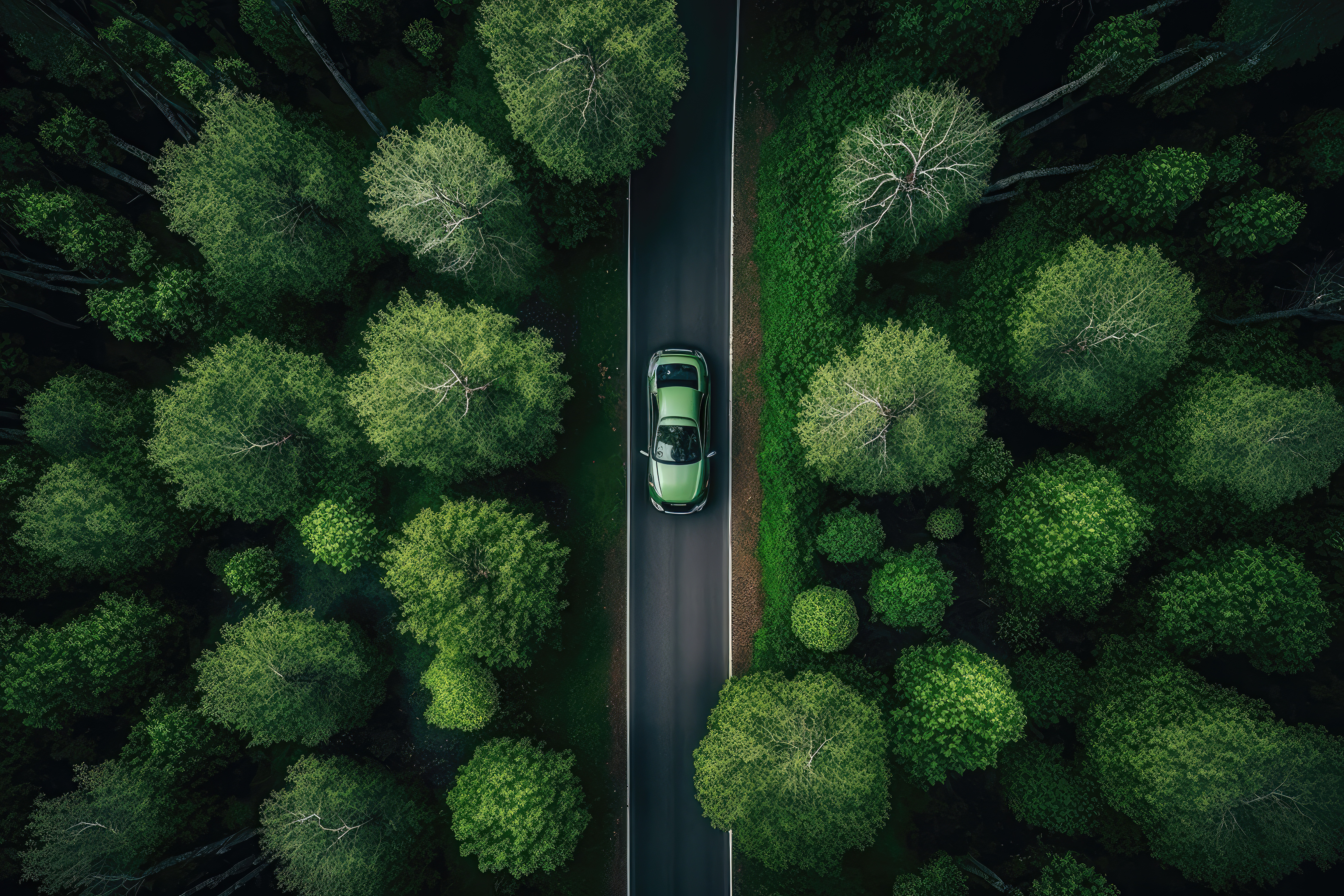 Green car on forest highway. Generative AI